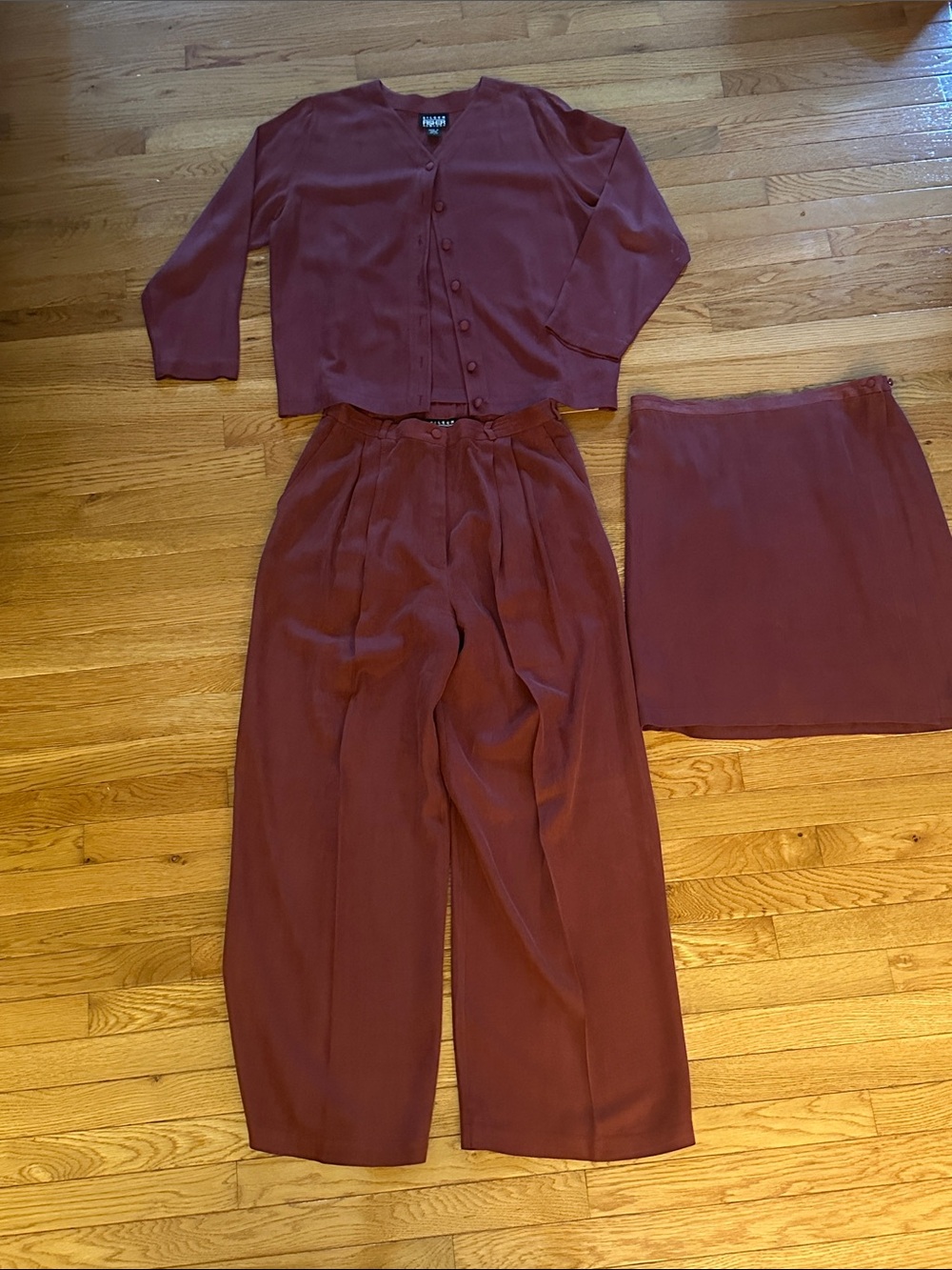 Vintage Eileen Fisher 3 piece silk pant, skirt and jacket set, elastic waist